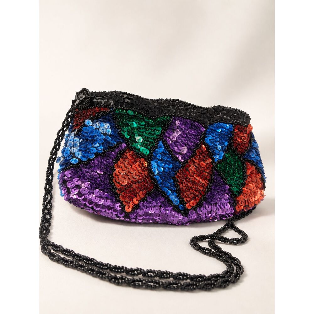 Vintage 80s La Regale Sequin Shoulder Bag Multicolor Beaded Evening Cocktail